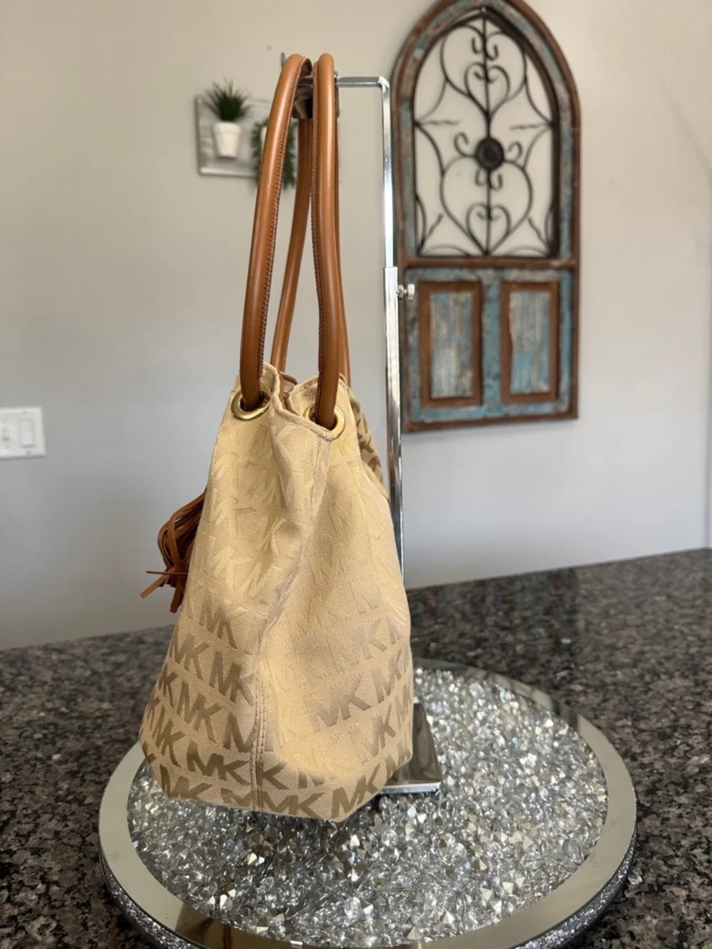 Michael Kors Beige MK Monogram Round handle Tote EUC